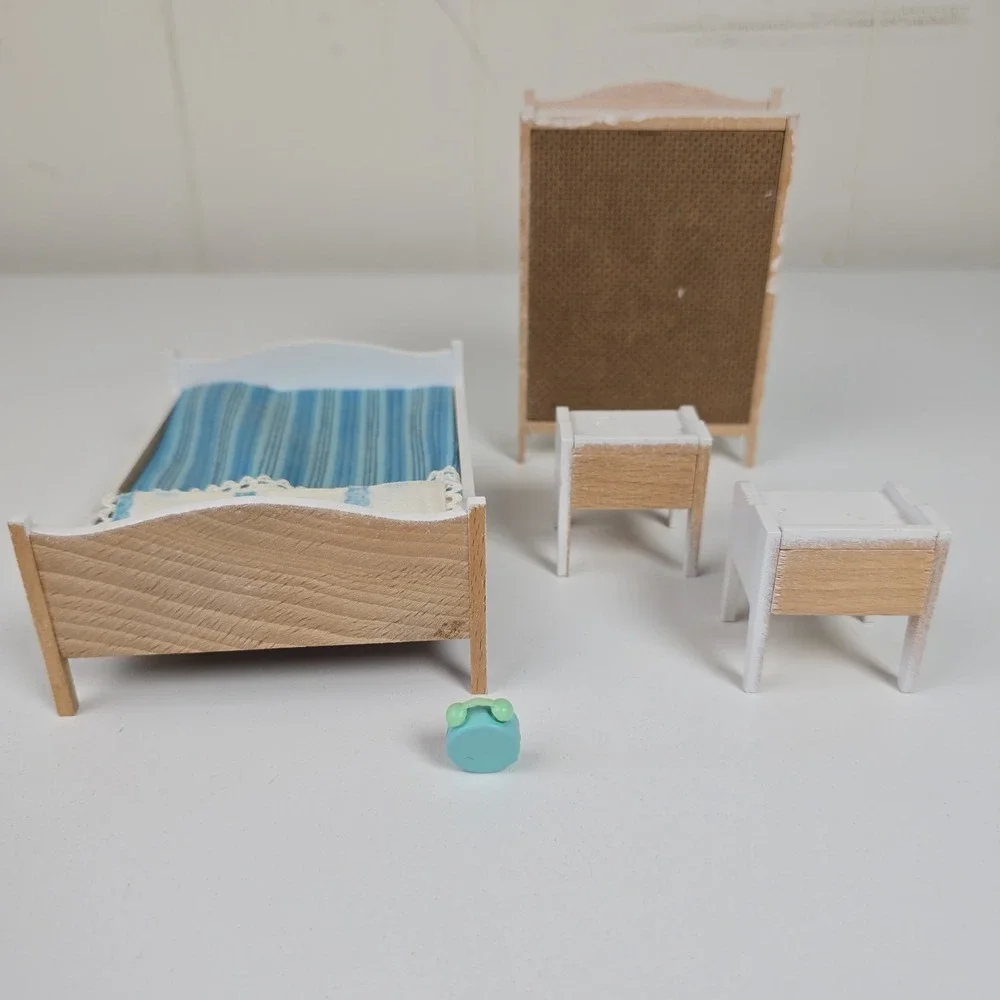 Vintage Lundby Dollhouse Furniture Blue Heaven Bedroom set With Bedding